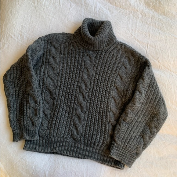 Doen Leighton Merino Wool Cable Knit Turtle Mock Neck Sweater Dark Grey - Picture 7 of 10